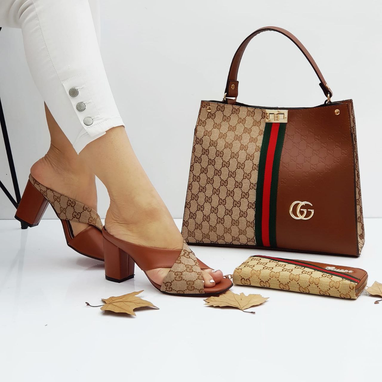 Gucci Leather Upper Block Heel Sandals with tote bag and wallet